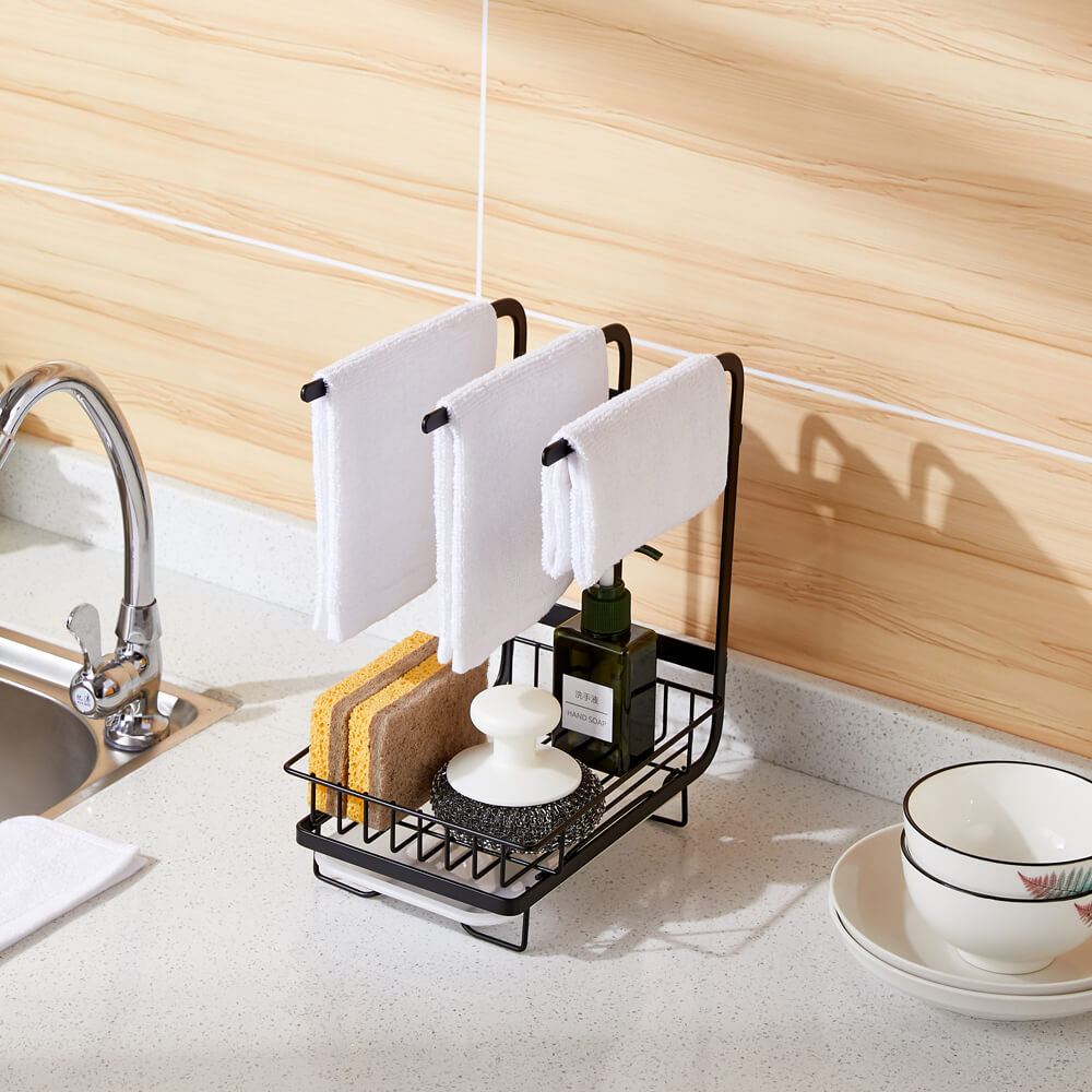 Black Oyydecor Kitchen Sink Caddy Organizer with Drain Pan Sponge Soap Brush Holder SUS304 Stainless Steel 