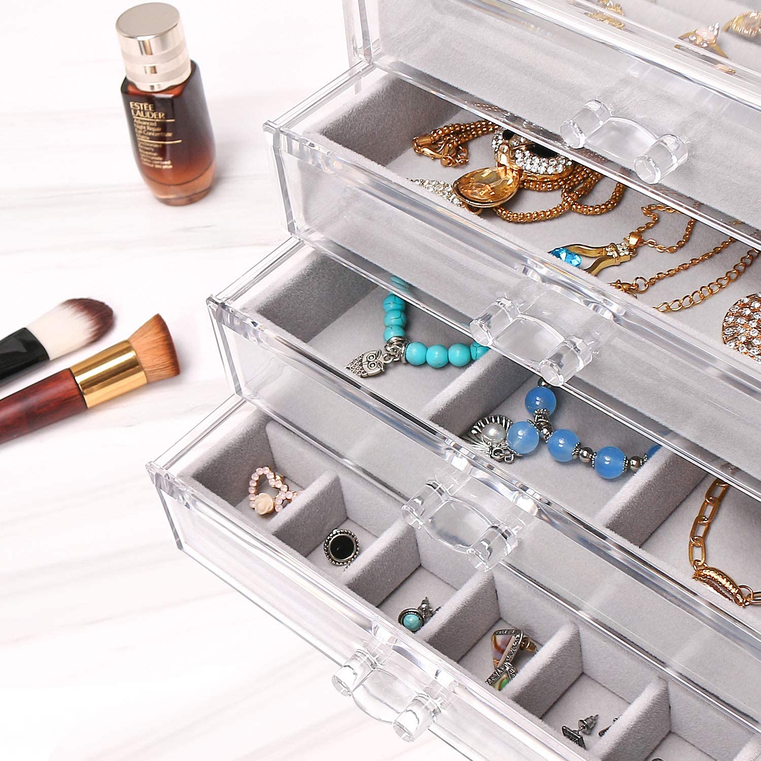 Weiai Clear Jewelry Box, Acrylic Organizer with 4 Beige